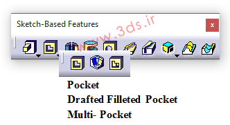 جعبه ابزار Sketch-Based Features کتیا، دستورهای Pocket، Drafted Filleted Pocket و Multi-Pocket